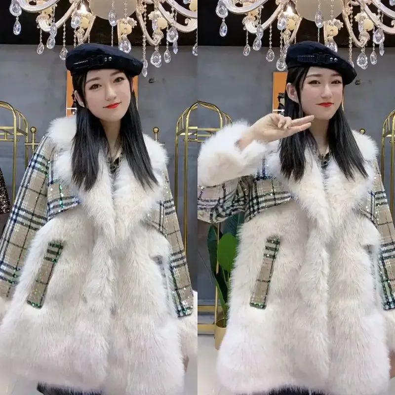 Faux Fur Coat for Women,Sequins Jacket,Covered Button Loose Long Overcoat, Thick Warm Female Clothing,New,High Quality,Winter