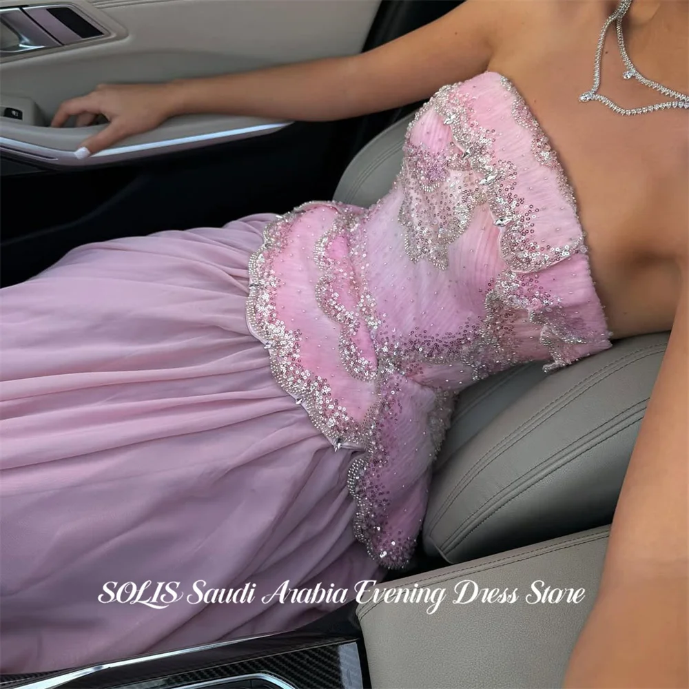 

SOLIS Pink Party Dress Strapless Evening Dress A Line فساتين السهرة for Wedding Glitter Sequin Flowing Customized