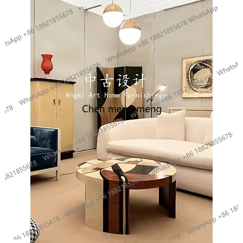 

Medieval designer solid wood coffee table creative French living room round coffee table combination