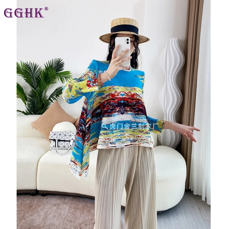 

GGHK Retro Printed Women Casual Top Round Neck Long Sleeve 2024 Spring and Autumn New Loose Large Size Design Female Tops