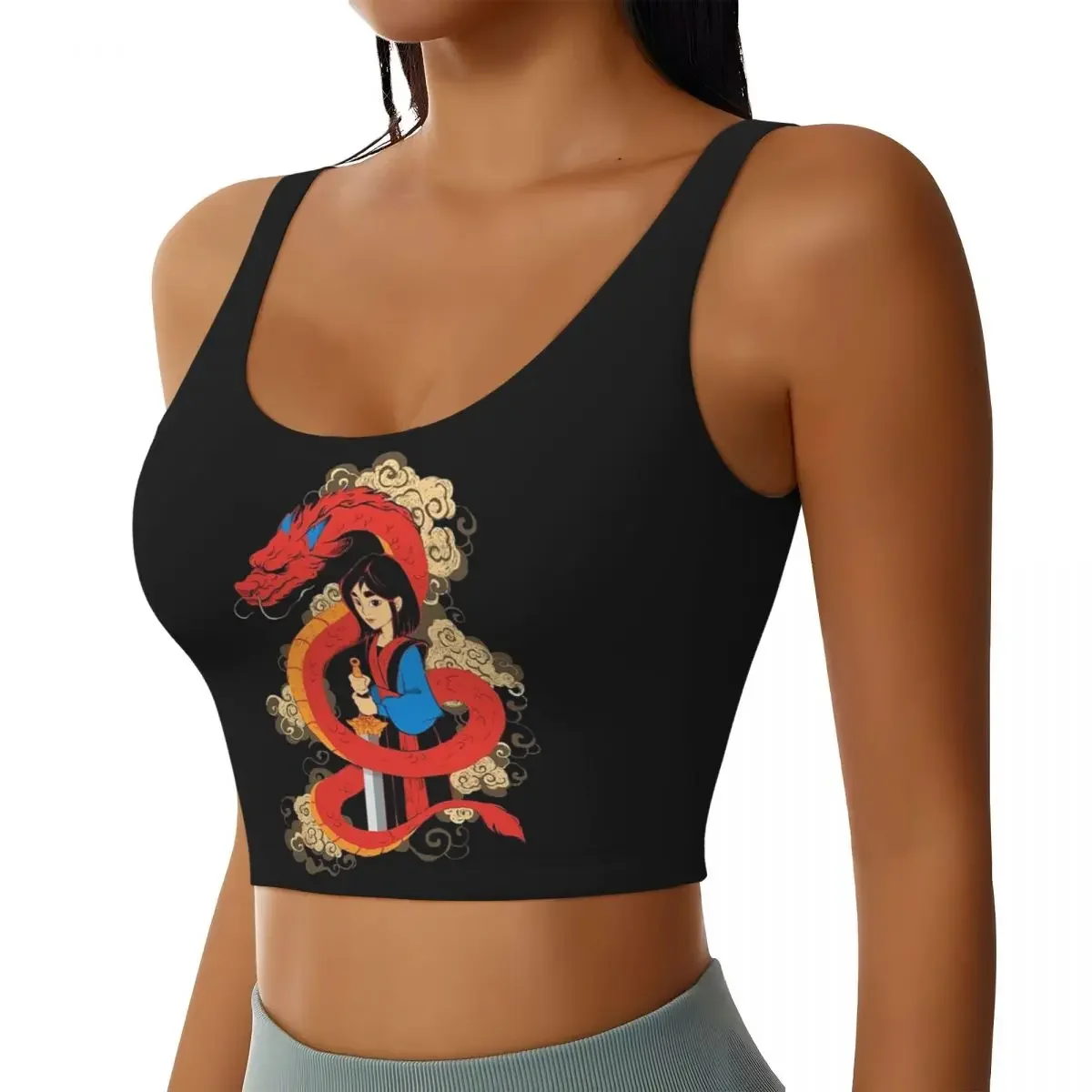 Mulan Mushu Dragon Crop Tank Tops Women's Seamless Yoga Running Sports Bras Lady Gym Short Sleeve Sportswear Anime Girls T-shirt