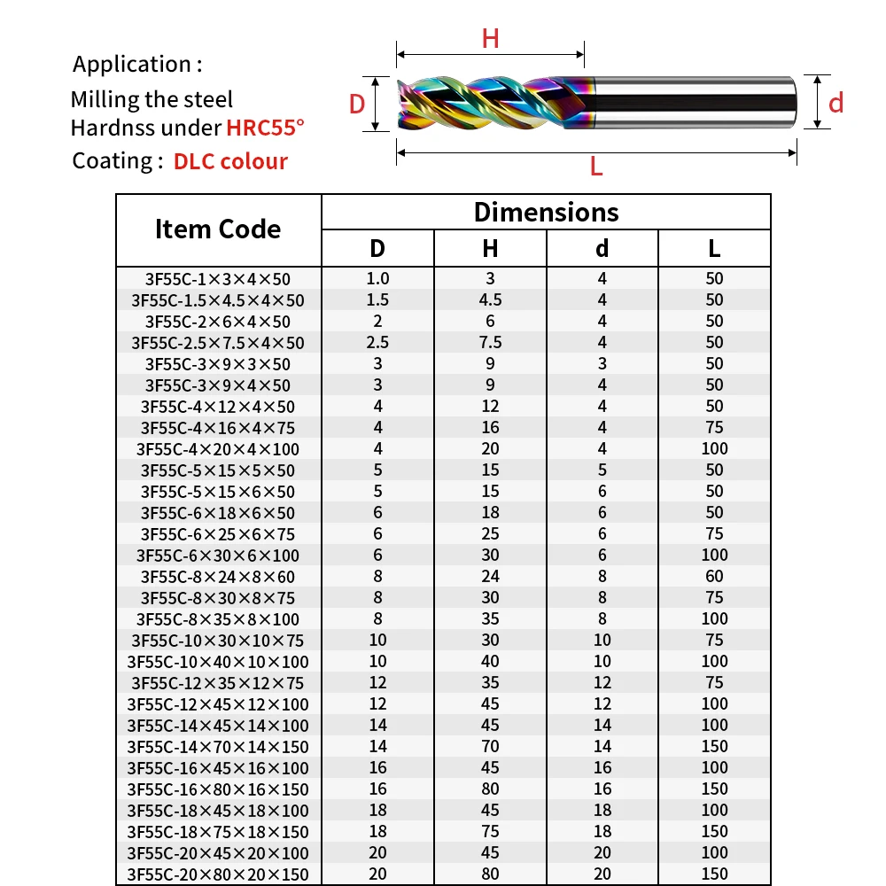HRC55 Colorful End Mill Aluminium 3F DLC Coating Endmils Carbide Milling Cutter For Acrylic Wood Copper Plastic CNC Maching Tool