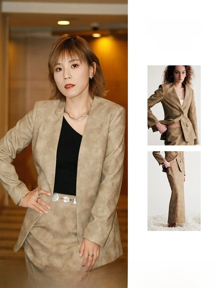 

Hamere Autumn Winter PU Leather Slim Fit No Collar Ele Versatile Slimming Floral Patterned Busin Women's Suit...