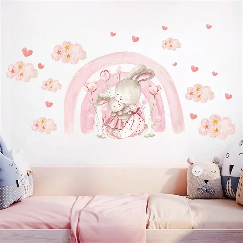 Watercolor Cartoon Rabbit Pink Rainbow Clouds Love Wall Stickers for Kids Room Girl Bedroom Nursery Decoration Bunny Wall Decals