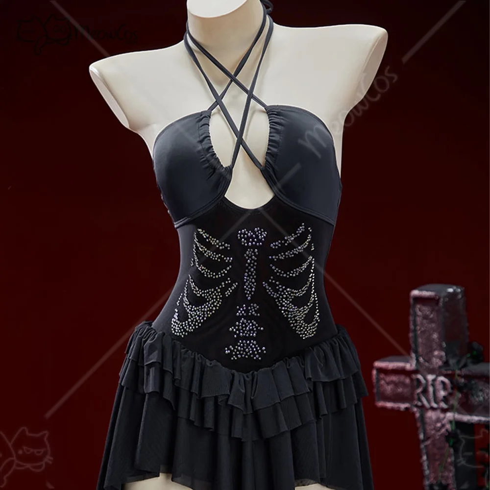Meowcos.com Women's Black One Piece Swimsuit Goth Skeleton Print Gothic Tummy Control Bathing Suit