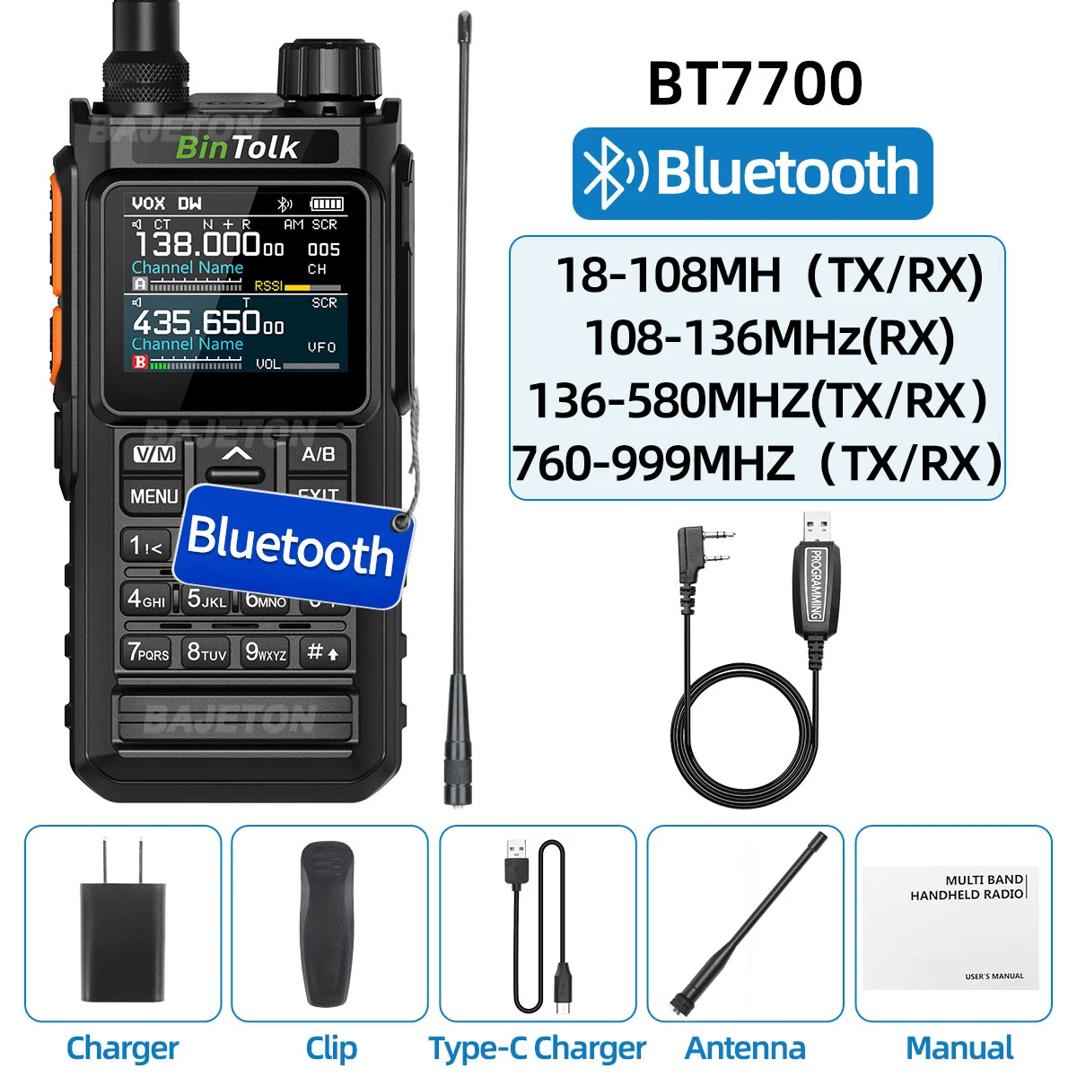 BinTolk BT7700 Walkie Talkie Multi Band Draadloze Bluetooth Telefoon Programmering Ruisonderdrukking AM FM Ham Radio Voor Camping BT8200
