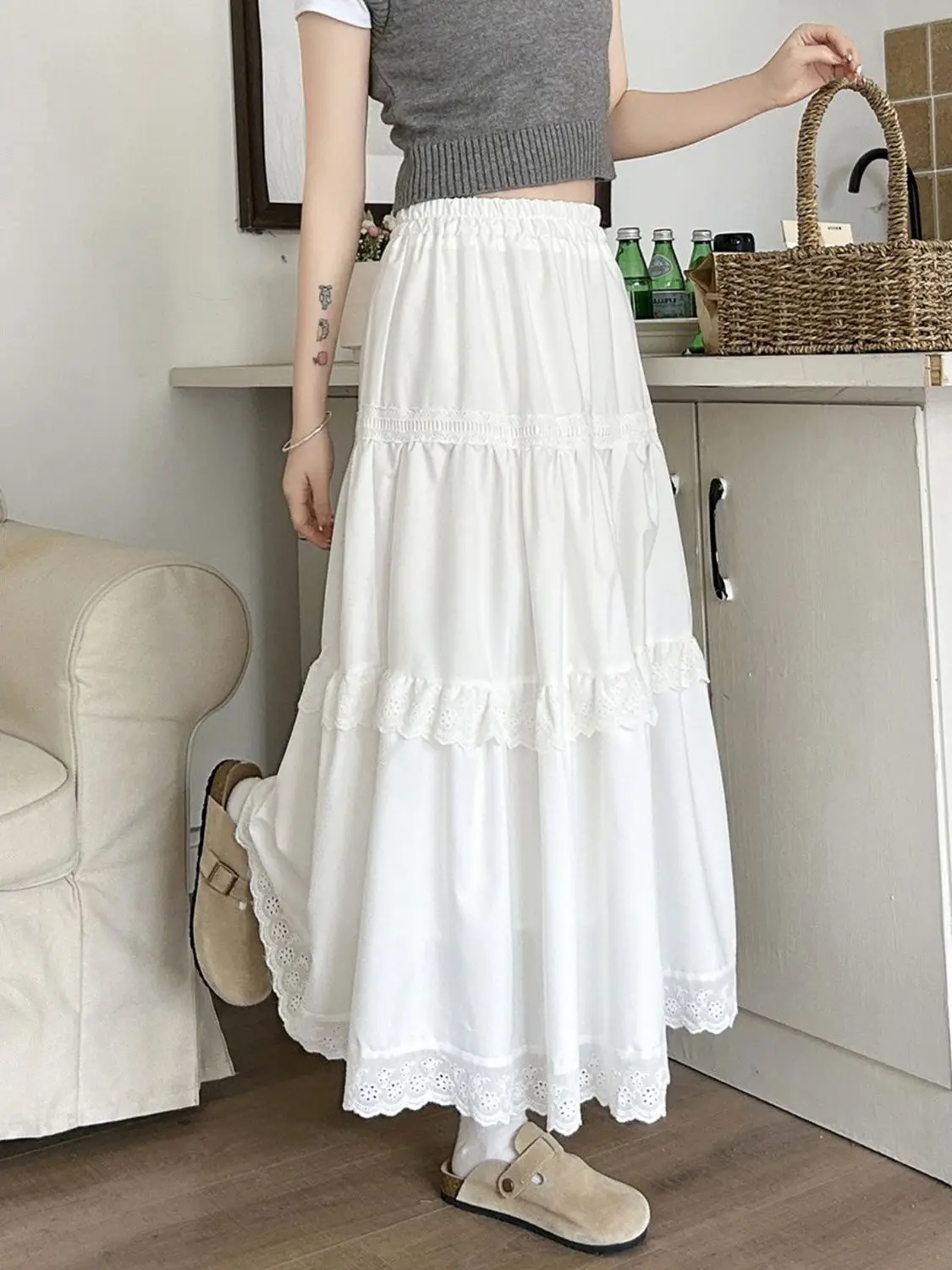 Gonna torta bianca Gonna longuette a trapezio Gonna estiva nuova da donna in pizzo Sle Gonna ombrello drappeggiata Gonna lunga ampia a vita alta