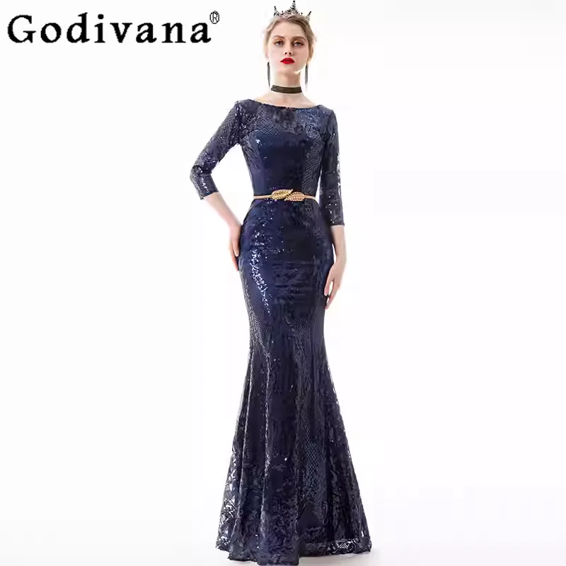 

Fishtail Banquet Evening Dress Women Spring Elegant Seven-quarter Sleeve Sexy Hollow Sequins Slim Party Korean Long Dresses