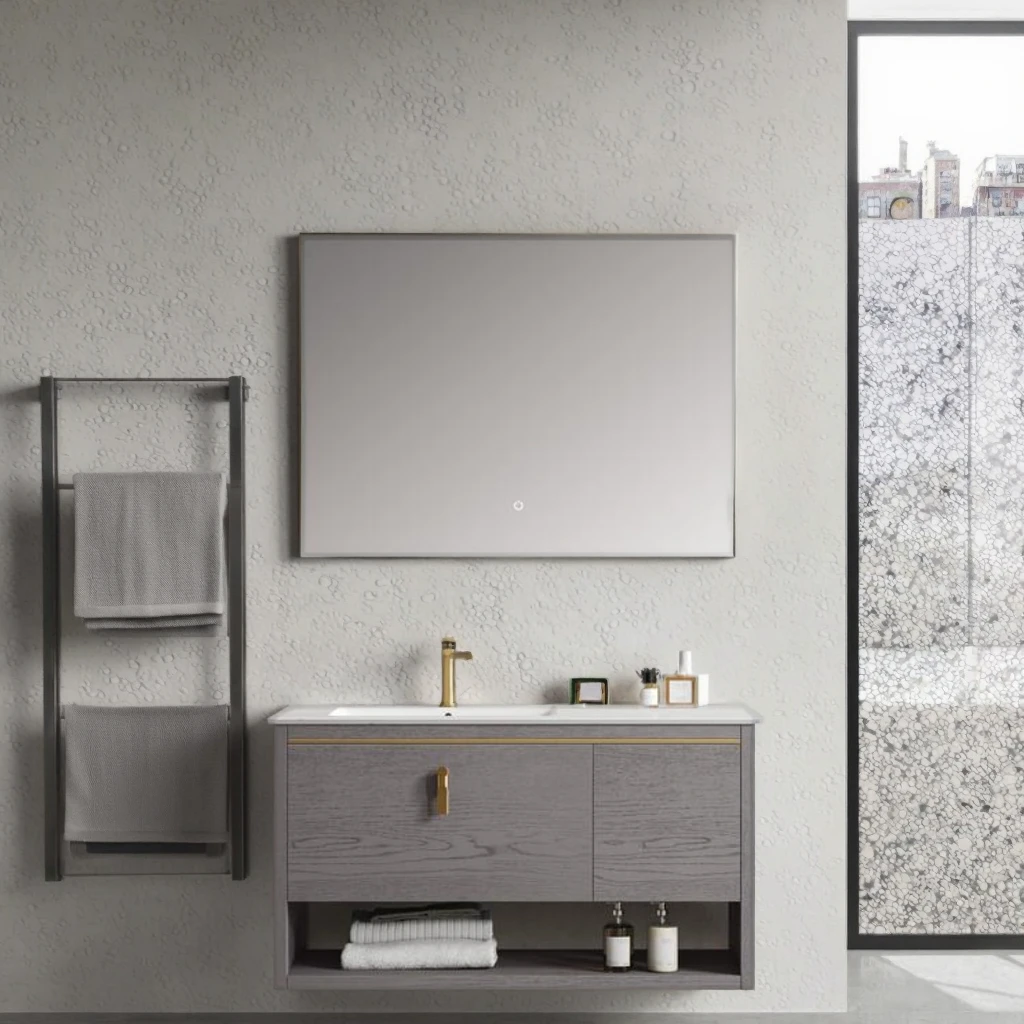 Imagen 6: Mueble de lavabo de baño montado en la pared de madera maciza moderno, tocador resistente al agua, espejo LED, muebles de construcción para casa y Hotel