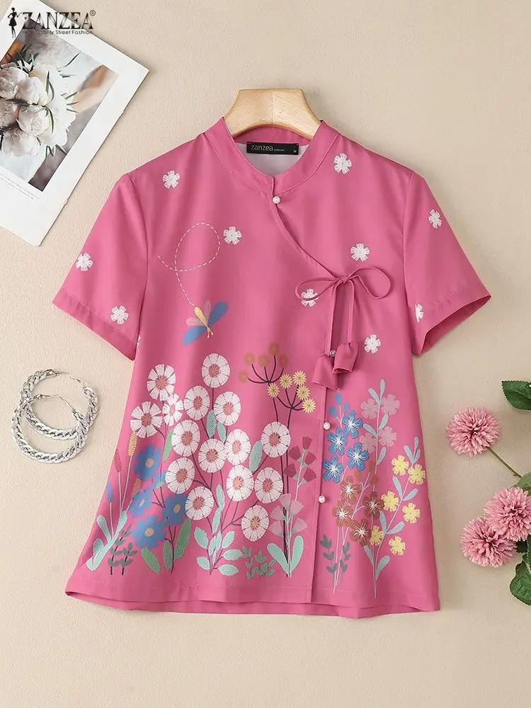 

Vintage Printed Shirts ZANZEA 2025 Summer Women Tops Elegant Stand Neck Work Blouse Short Sleeve Blusas Chinese Style Blouses