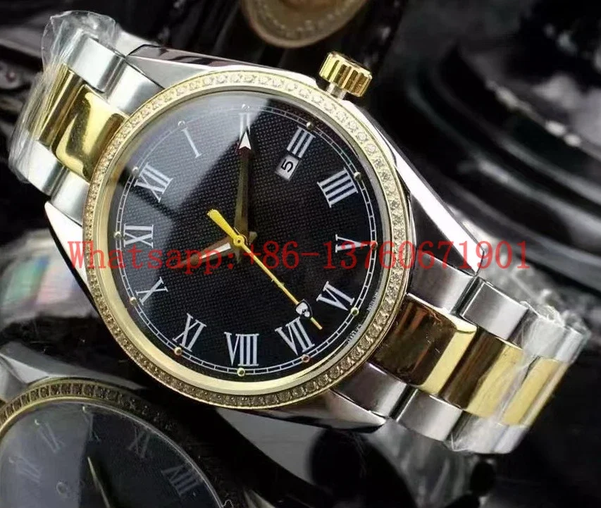 Luxury New Mens Automatic Mechanical Watch Stainless Steel Diamonds Silver Gold Black Leather Sapphire Glass Rome Dial 40mm