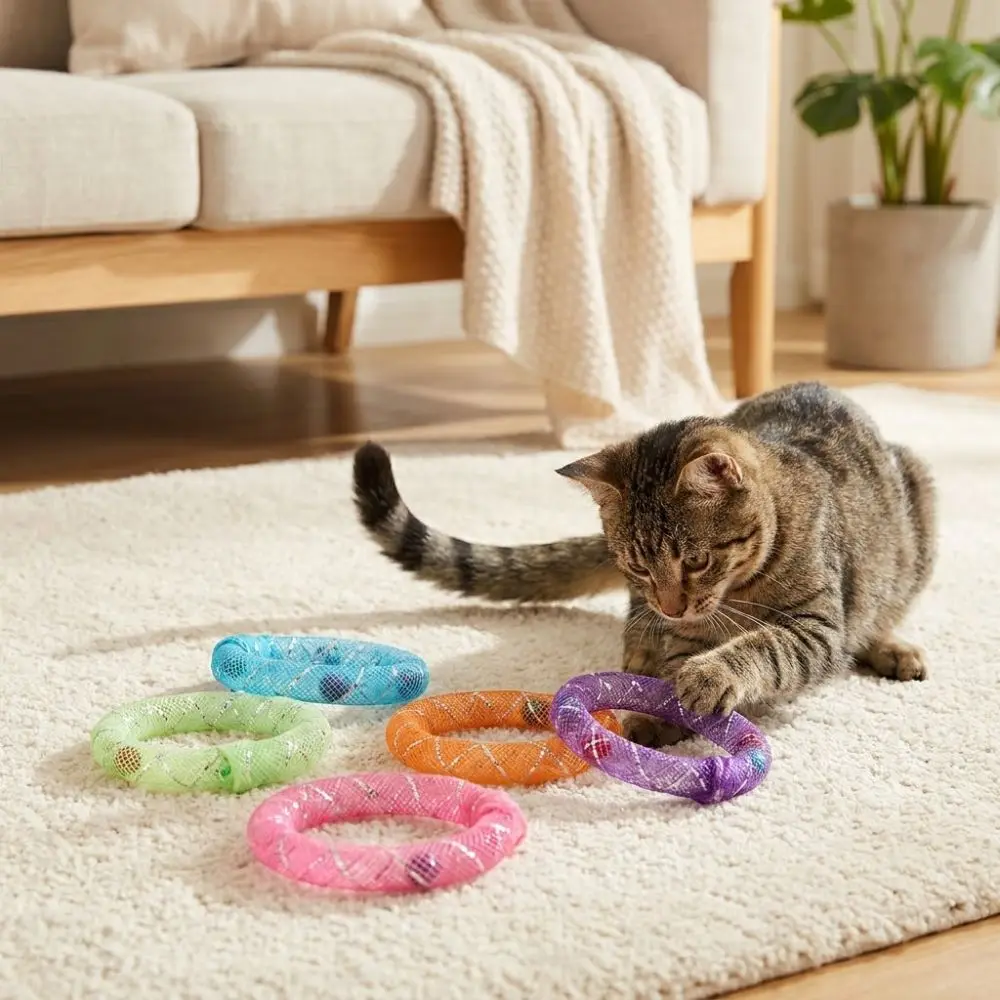 5er-Set Glocken-Kreisglocken für Katzen: Weiche, bissfeste, interaktive Katzenspielzeuge mit bunten Federn und Gitterrohr – Detail 11