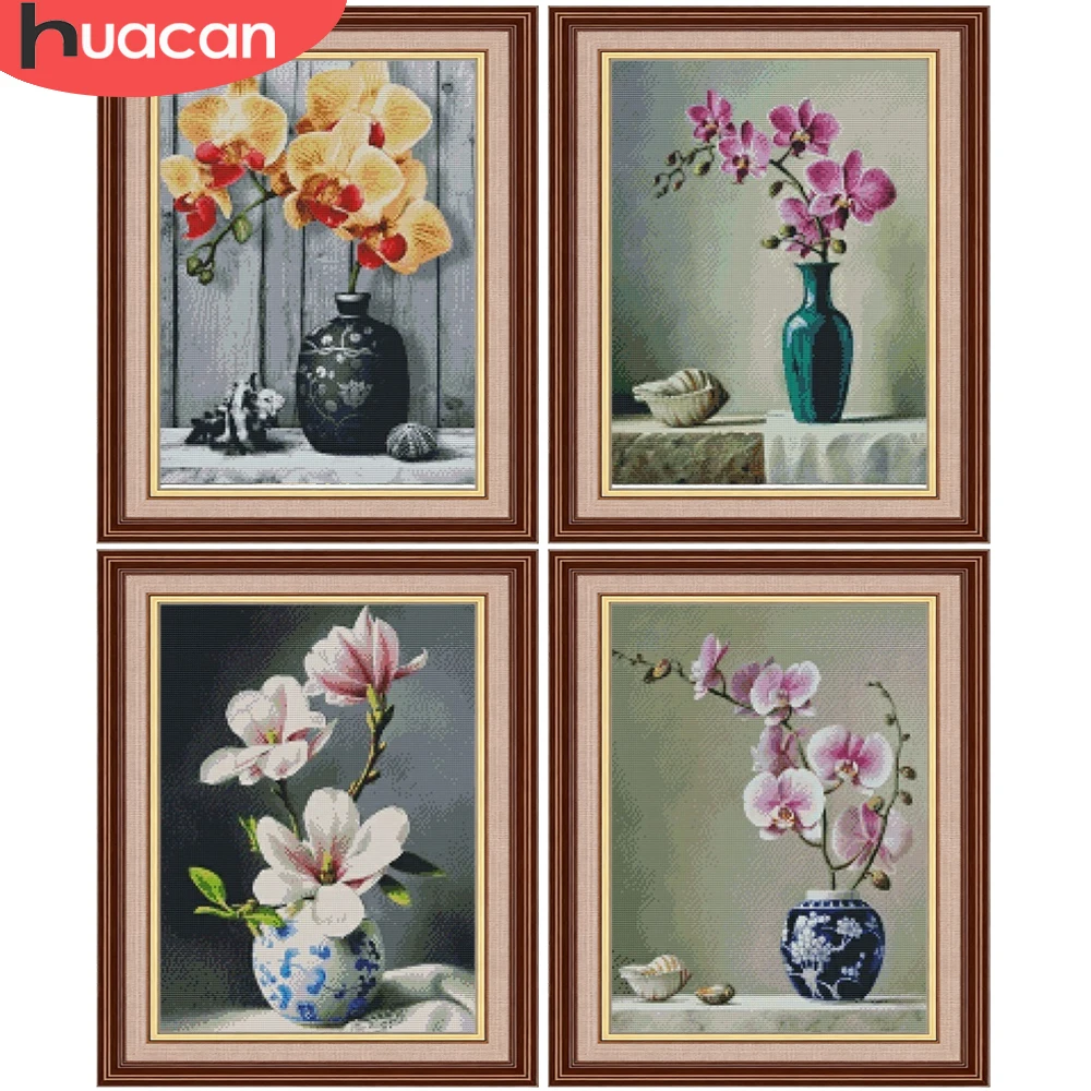 HUACAN 11CT Stickerei-Set mit Orchideen-Blumenmotiv, Kreuzstich-Kit mit Bedruckter Leinwand, Handgemachte Blumen-Nadelarbeit zur Dekoration