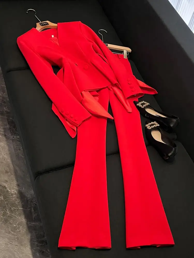 

Red Slim Fit Women's Suit Set Dopane Sle Summer Elegance Profional Clothing A483 Polyester Material Quali Workwear