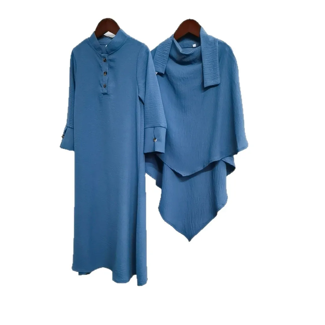 

Muslim Kid Fashion Gown Women's Fashion 2-Piece Set Dubai Turkiye Polyester Abayad Robe Prayer Clothes Black Gulf Abayas Suit