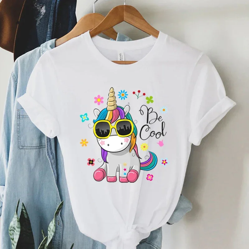 Short Sleeve T -Shirt Cool Unicorn Print Women Summer Casual Harajuku Shirt Woman Y2k Aesthetic Graphic Clothes Cartoon Tshirt