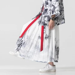 Fashion Men Streetwear Wide Leg Pants Mens Cotton Linen Harem Pants Male Chinese Style Baggy Hakama Han Fu Trousers