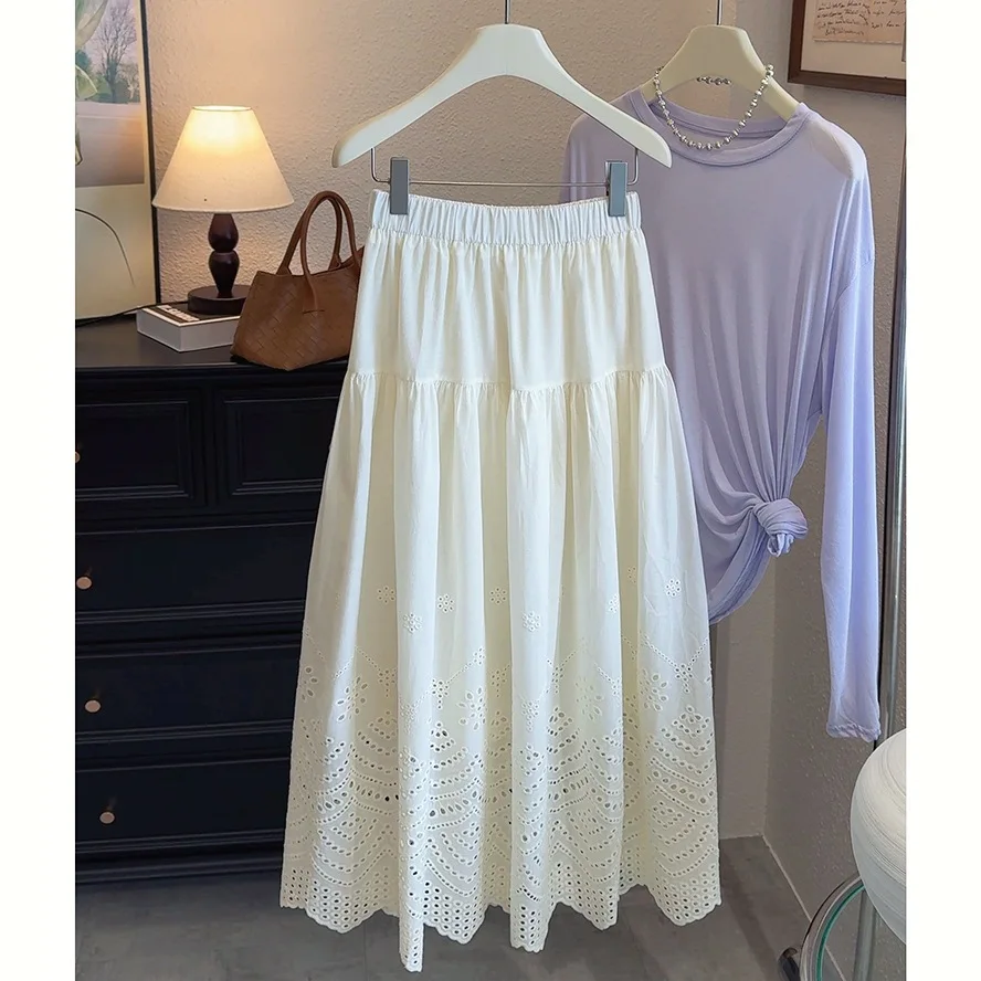 

Fashionable Patchwork Hook Flower Hollow out Half Skirt Women's Summer New Korean High Waist A-Line Midi Skirt Elegance