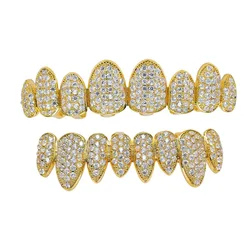 Hiphop Iced Out Zircon Irregular Tooth Grillz for Women Men Christmas Gold Cubic Zirconia Teeth Grills 8/8 Top Bottom Cap Set