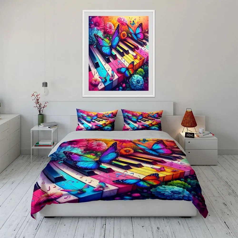 Colorful Butterfly Piano Decor Multiple sizes kid's and adults' bedroom Exquisite 3PC bedding set, gift