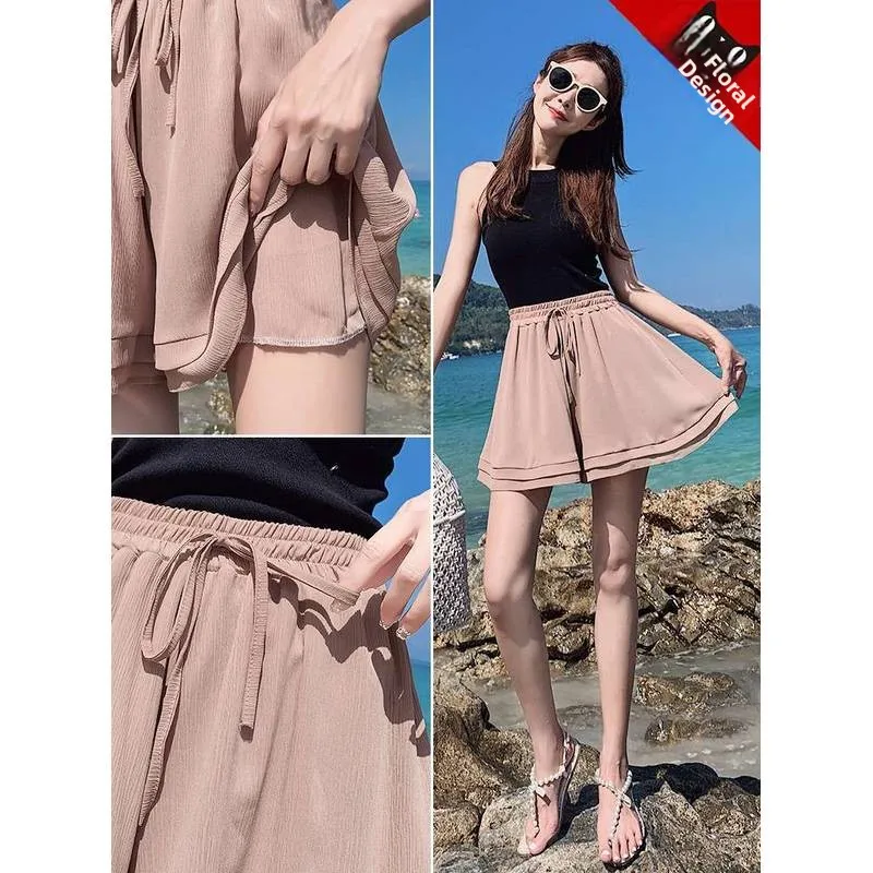 Sommer Casual frauen orts Lose Breite Bein Hohe Taille Pendler Sle PVC Stoff Polyester Faser 00% Mittleren alters Geeignet