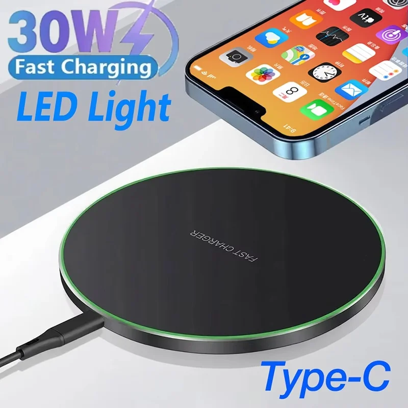 

30W Mini Wireless Charger Pad For iPhone 15 14 13 Pro Max Led Light Induction Fast Charging Pad Dock Station For Xiaomi Huawei