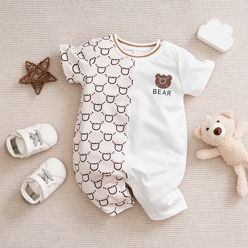 Newborn Clothes Cute Cartoon Patchwork Teddy Bear Comfortable And Soft Summer Boys And Girls 0-18 Short Sleeved Baby Jumpsuit