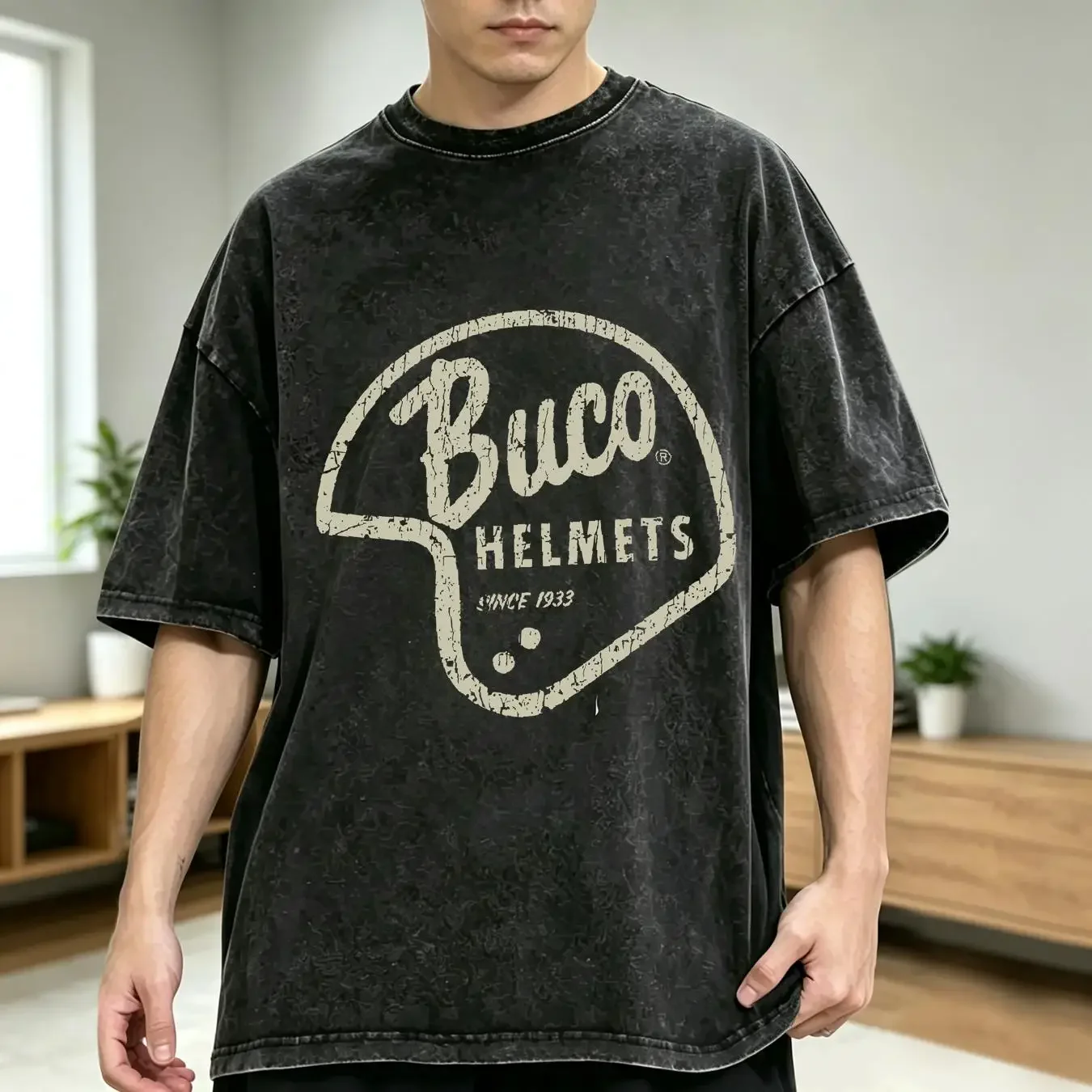 washed T Shirt Buco Helmets 1933 Vintage Men's long or short sleeves vintage Washed Stylish Casual Breathable Stretched graphic