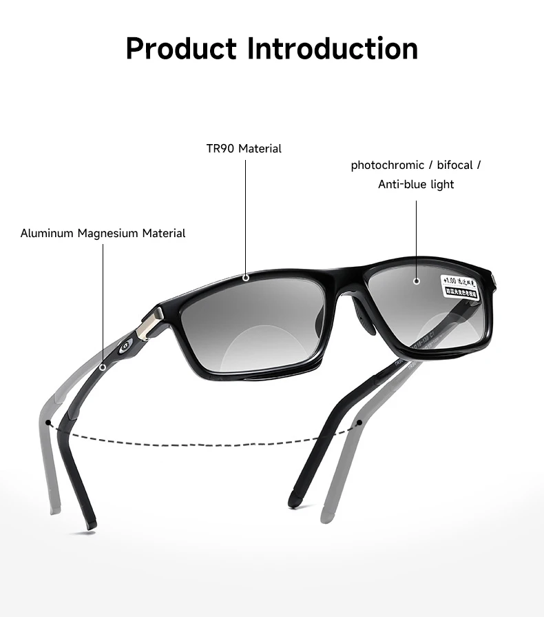 Anti-blau Licht Photochrome Bifokale Lesebrille Mann Frau Multifunktionale Lesebrille Aluminium Magnesium Sport Brillen – Detail 2