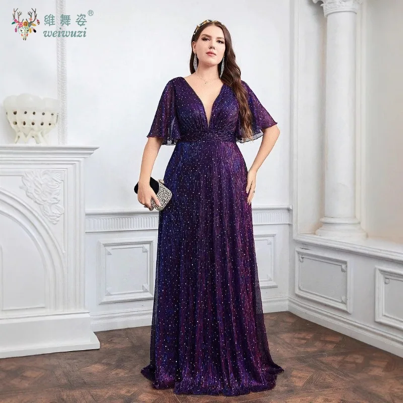 

Plus Size Purple Temperament Enchanting Deep V-neck Waist Cinched A-line Evening Dress Gorgeous Inlaid Rhinestone Evening Dress