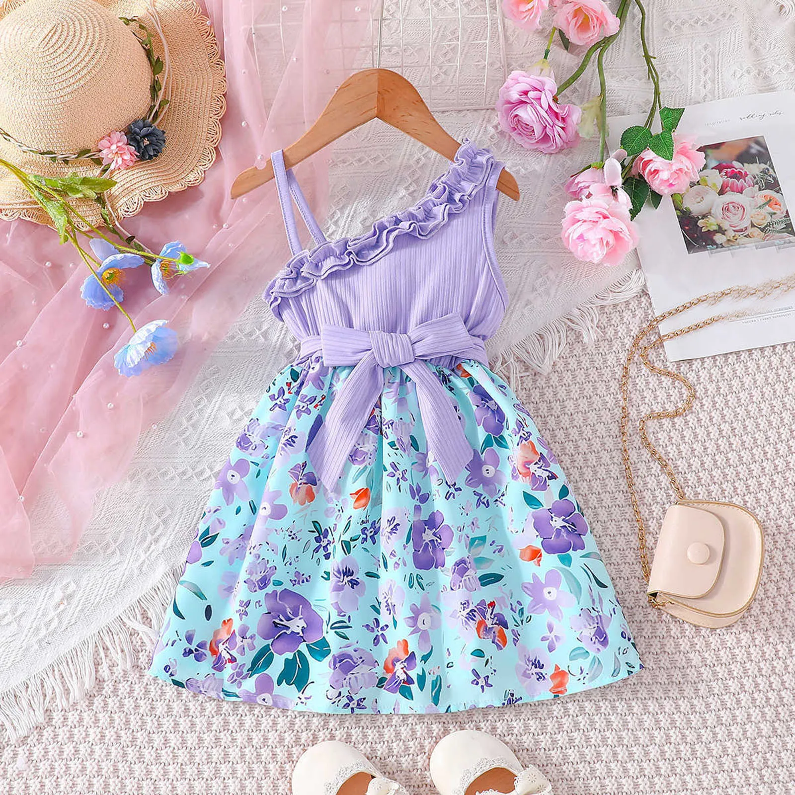 Kids Dress For Girls 1 to 6 Years Birthday Summer Ruffles Floral Off Shoulder Sleeveless Kids Princess Dresses Ootd For Girls