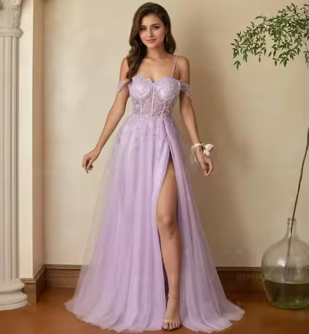 Off Shoulder Tulle Prom Dress Lace Appliques Ball Gowns Sweetheart Princess Formal Evening Dresses with Slit Customized