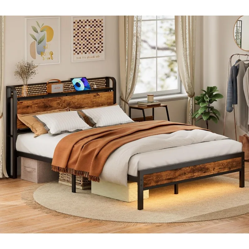 Full Bed Frame with LED Lights,Industrial Storage Headboard with Charging Station,USB Port,Under Bed Storage,Wood Platform with