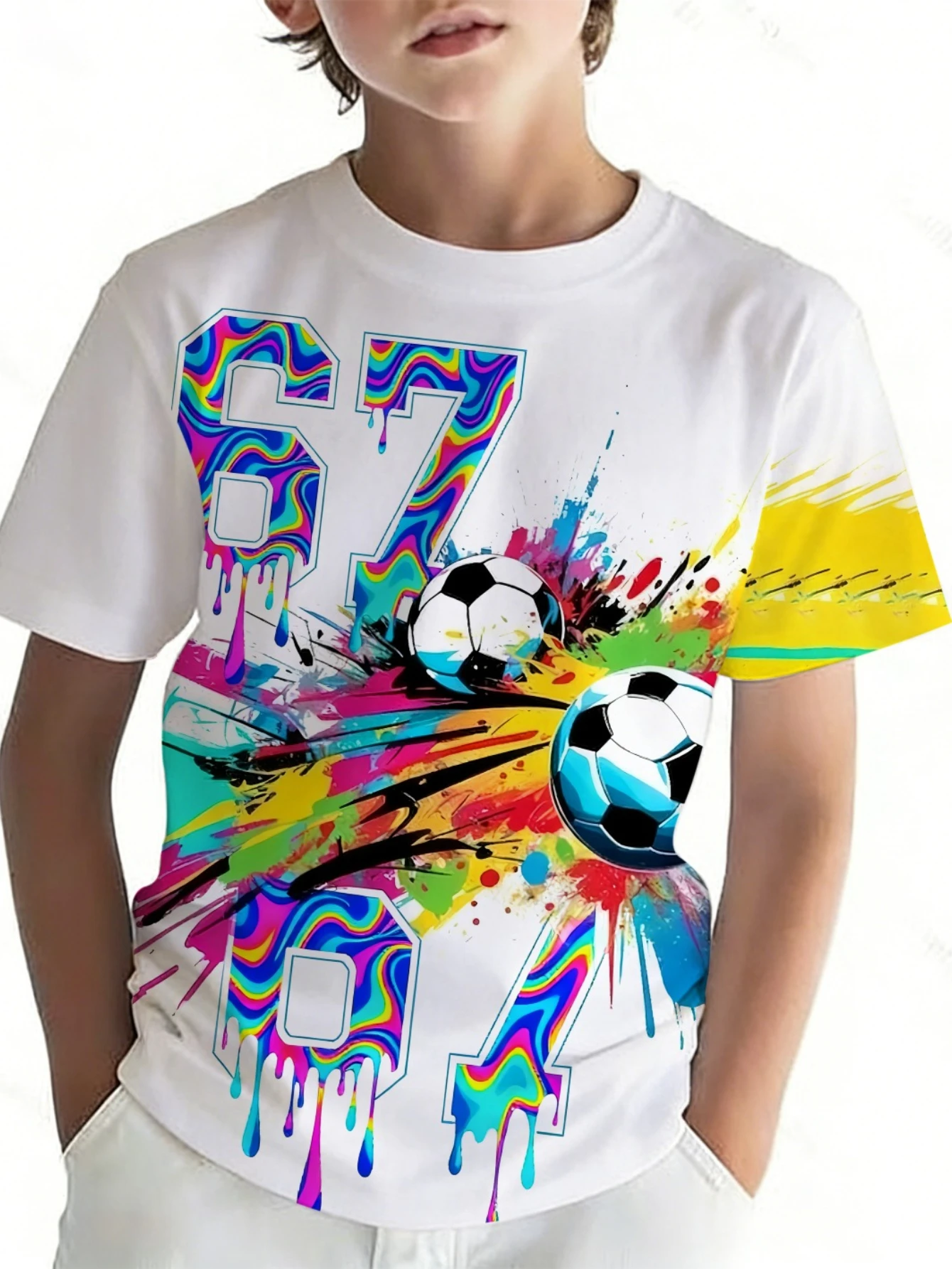 Drip Paint Splash Soccer Kids T‑Shirt, Boys Psychedelic 67 Number Football Graphic Short Sleeve Crew Neck Casual Summer Top