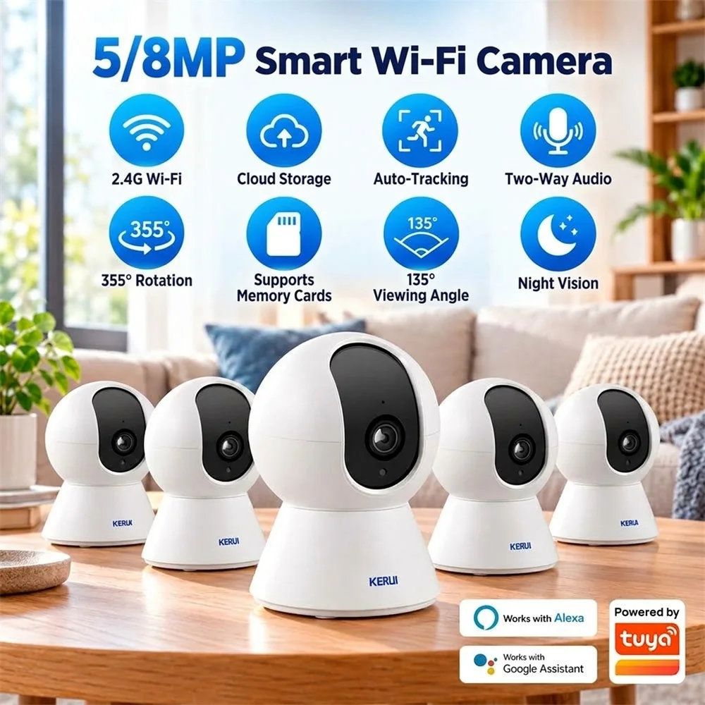 KERUI Wireless Indoor PTZ Camera 5MP/8MP Work with Tuya Smart Google Assistant IP Camera Video Surveillance Camera Home Security