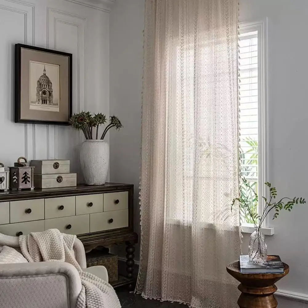 Boho Sheer Lace Curtains with Tassels Vintage Crochet Hollow Out Rod Pocket Window Drapes for Farmhouse Bedroom Living Room