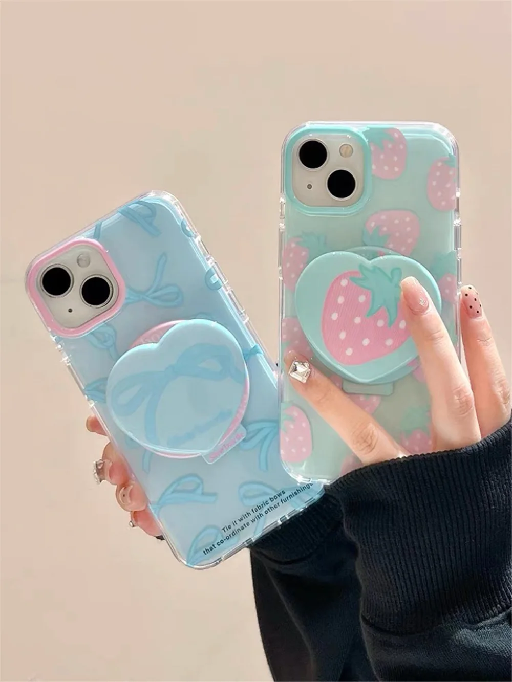 

Korean cute strawberry Bow with Magsafe stand phone case for iPhone 13 14 pro 15 16 Pro Max 15 pro cover Kawaii shockproof cover