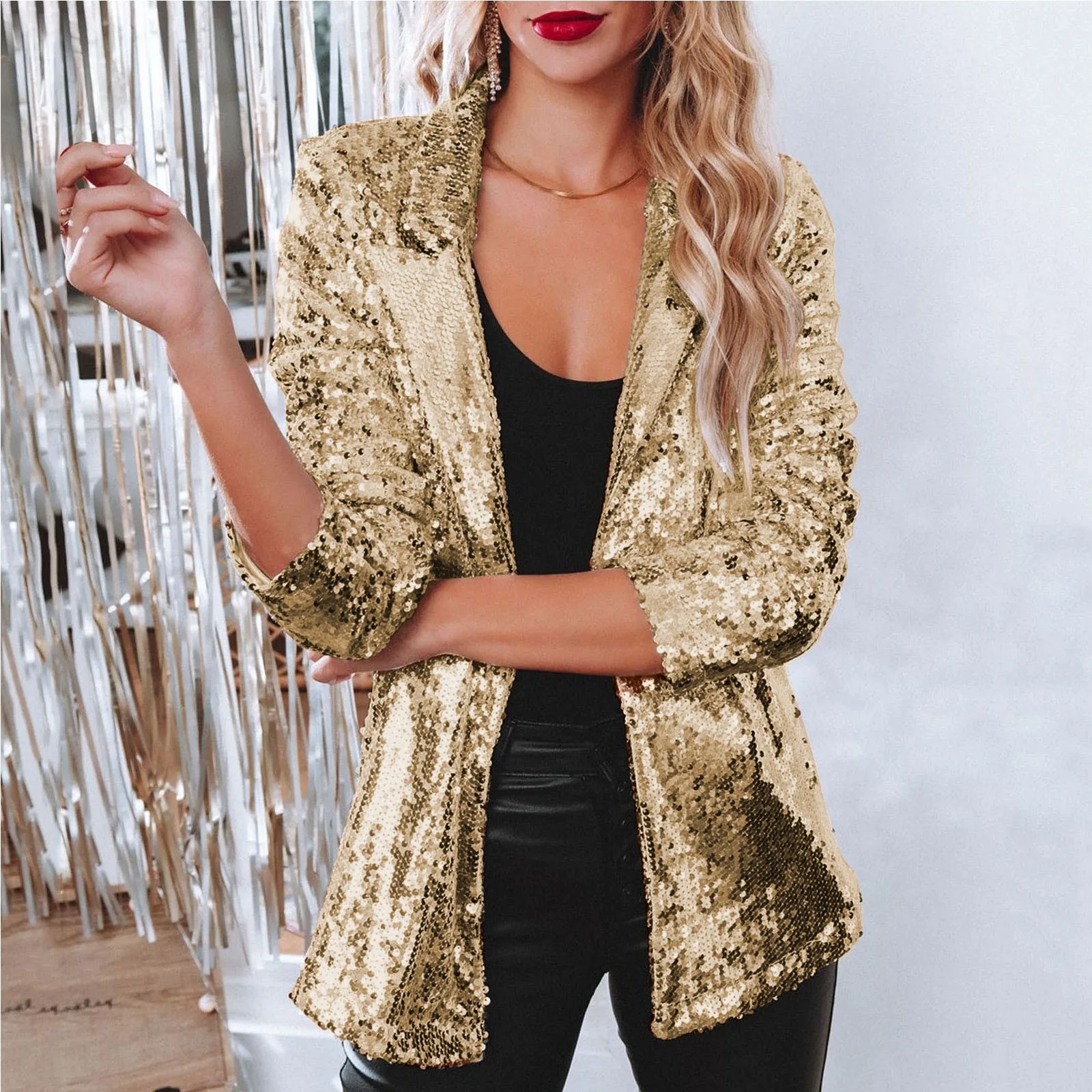 Women's Sequins Solid Color Casual Long Sleeve Glitter Shiny Lapel Rave Nightclub Outerwear Carnival Party Cardigan Coat Blazer