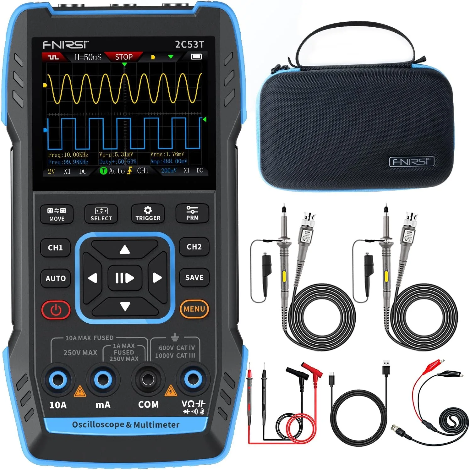 2C53T Upgraded 3-in-1 Handheld Oscilloscope-50MHz Digital Oscilloscope Multimeter DDS Generator 250MS/s 19999 Counts Voltage