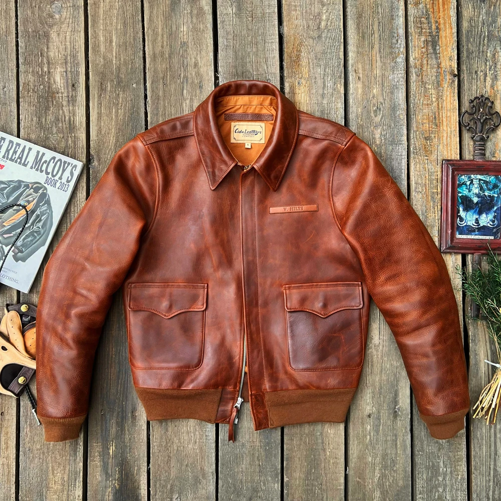 

YR!Free shipping.No.1 classic style Us Air force leather jacket.A-2 leather coat.Super heavy 1.8mm thick cowhide.Luxury Cidu