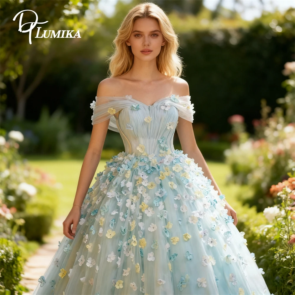 

DTLumika Flowers A Line Maxi Dress for Women, Off-the-Shoulder Court Train Evening Dresse, Live Photo Princess Sweet 15 Dress
