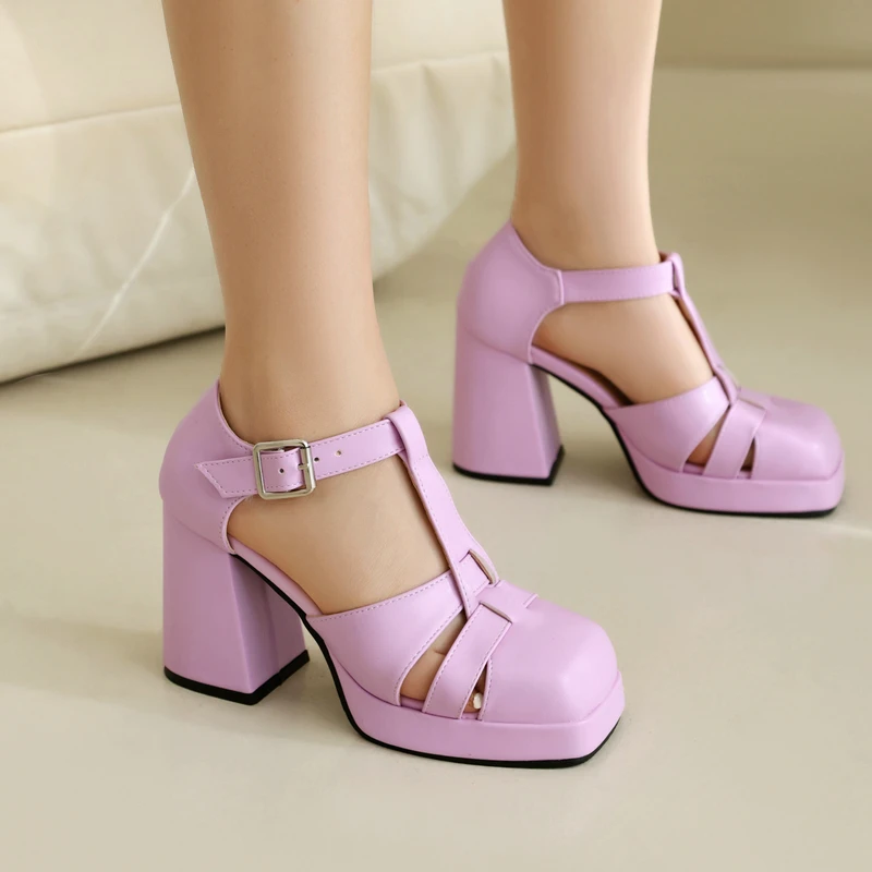 Blue Pink Roman Style Women Summer Shoes Chunky High Heels Platform Gladiators Small Size 33 Closed Toe Charming T-strap Sandals