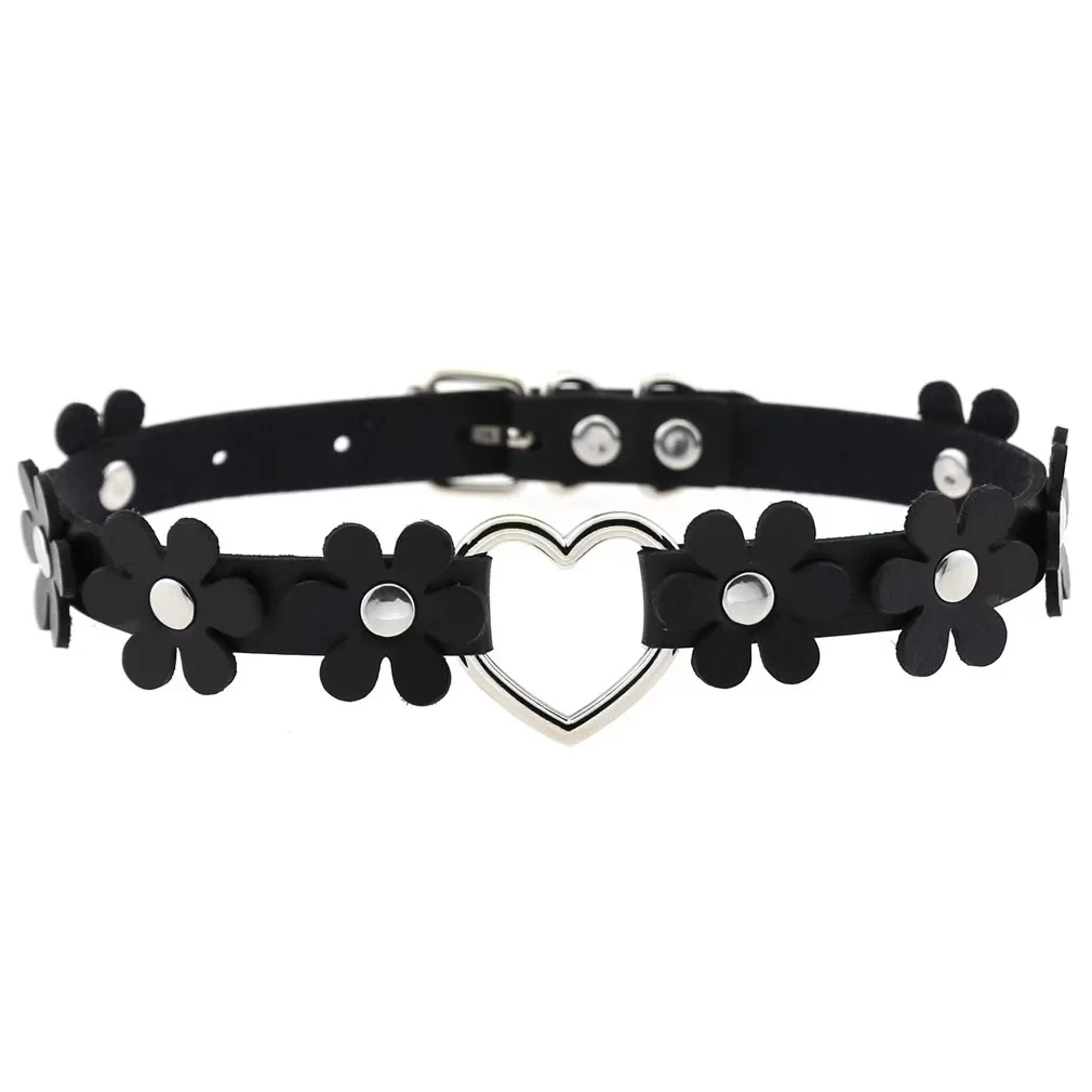 Punk Pu Leather Harajuku Soft Girl Flower Peach Heart Heart-Shaped Collar Choker Neck Strap Collarbone Chain