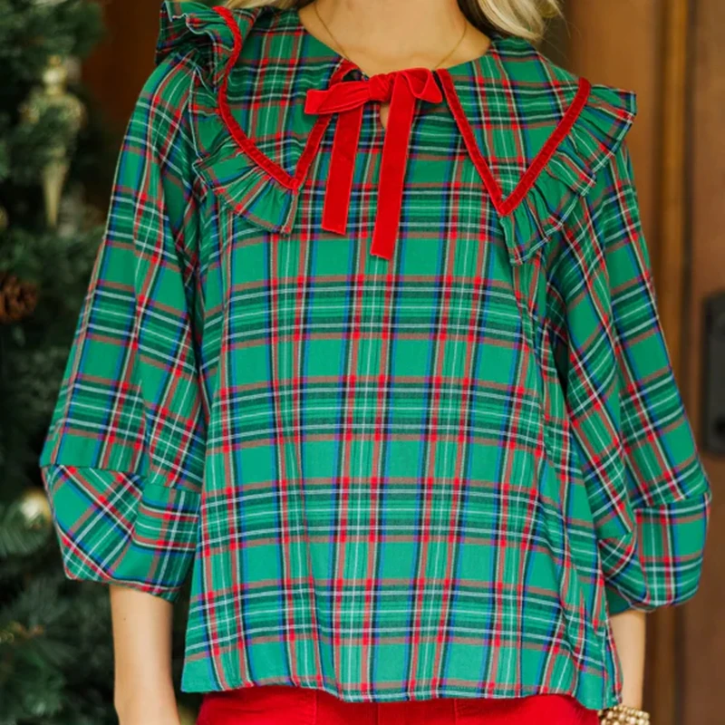 

Женские рождественские клетчатые блузки Y2k, клетчатый галстук-бабочка спереди, пышная футболка с длинными рукавами и рюшами по подолу, воротник с баской, свободная рождественская праздничная футболка