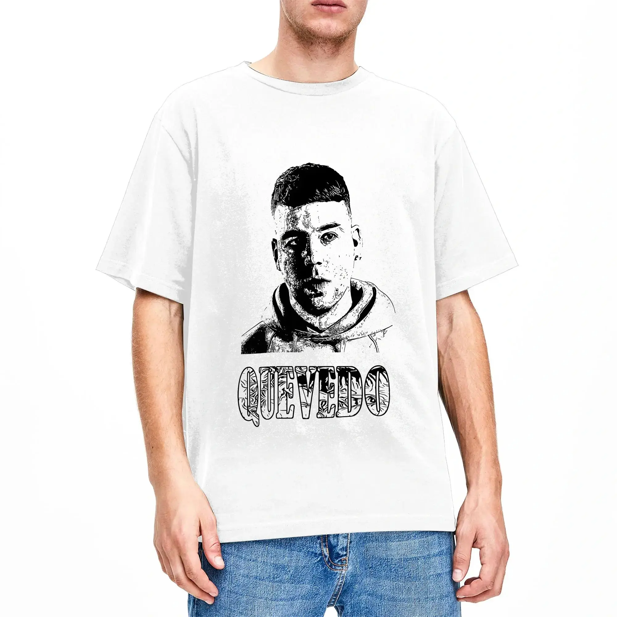 Quevedo Black Sketch Grunge Portrait Cotton T-Shirt For Male Summer  T-Shirts Trendy Cool Tees Oversized Dropshipping Clothes