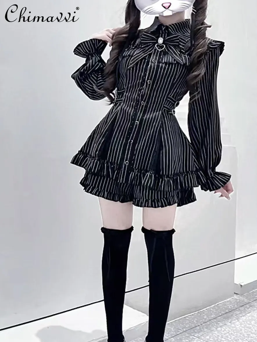 

Japanese Sweet Bow Lace Long Sleeve Dress Top and Shorts Set 2026 Spring New Subculture Cute Girl Women Lolita Two-Piece Set