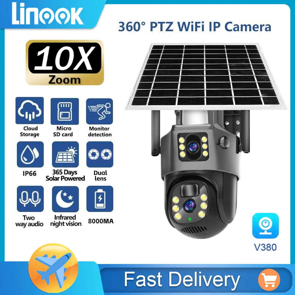 Linook V380 Solar 8MP 10x Zoom, CCTV, 4G, SIM card camera, wireless WIFI solar cell, outdoor waterproof, 360 pan tilt IP camera