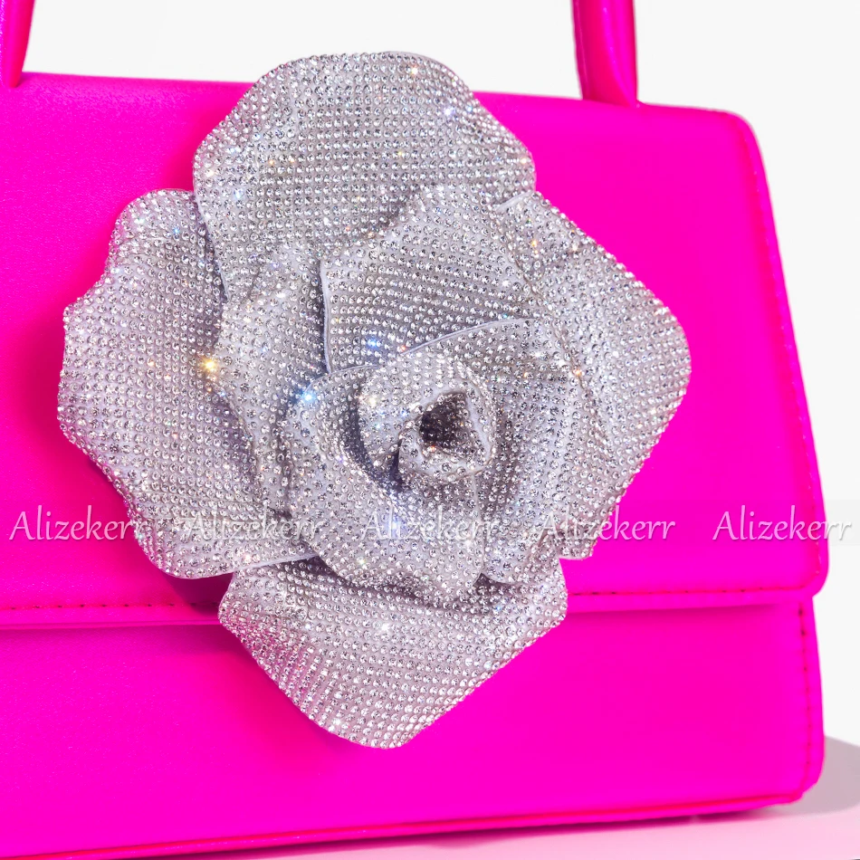 Gorgeous Rhinestone Rose Handbags For Women Luxury Designer Boutique Bling Crystal Satin Clutch Purses Top Quality Wedding Party