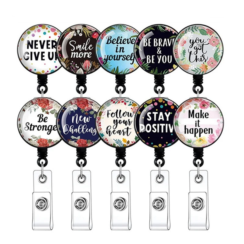 10 Pieces Badge Reel With Motivation Quotes Retractable ID Badge Holder Inspirational Badge Reels With Clip