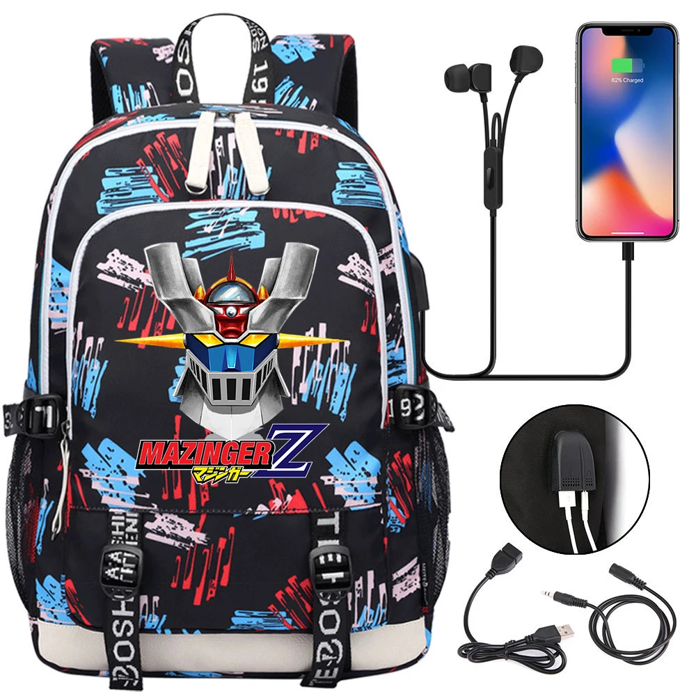 Hot Mazinger Z Backpack Men Women USB Charging Laptop Travel Backpack Teenager Student Backpack Casual Mochila